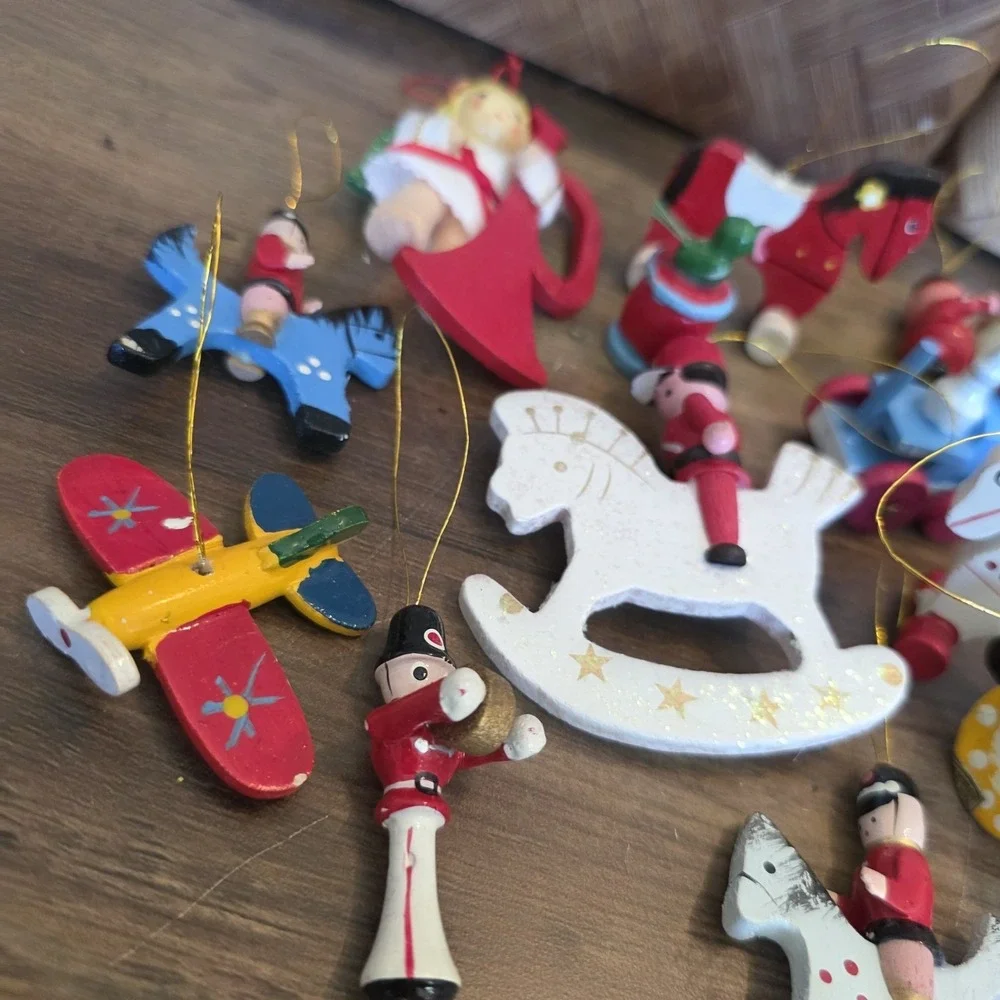 Wooden Christmas Tree Ornaments Lot of 14 Angel Train Toy Soldiers Sleigh Horses